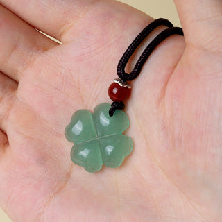 Buddha Gift 925 Sterling Silver Green Aventurine Four Leaf Clover Luck Leather Rope Necklace Pendant