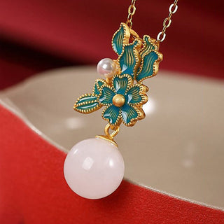 Buddha Gift White Jade 925 Sterling Silver Pearl Flower Blessing Necklace Pendant Ring Earrings