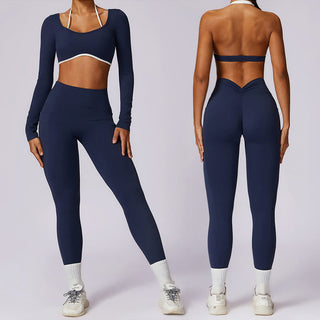 Buddha Gift Solid Color Halter Neck Bra Long Sleeve Crop Tank Top Pants Sports Fitness Gym Yoga Outfits