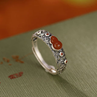 Buddha Gift 925 Sterling Silver Red Agate Cyan Jade Gourd Blessing Auspicious Ring
