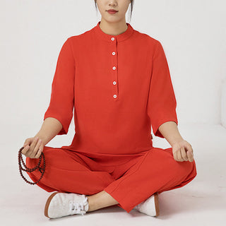 Buddha Gift 2Pcs Solid Color Three Quarter Shirt Top Pants Meditation Zen Tai Chi Cotton Linen Clothing Women's Set