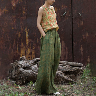 Buddha Gift Green Yellow Ramie Linen Flexible Waistband Wide Leg Pants With Pockets