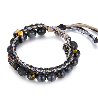 Buddha Gift 925 Sterling Silver Lava Rock Eagle's Eye Stone Lucky Beads Handmade Healing Bracelet