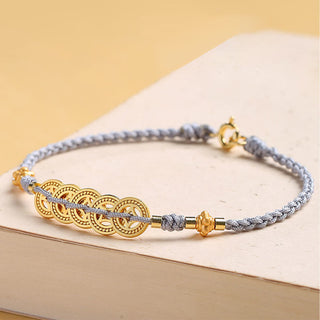 Buddha Gift Copper Coin Fortune Tree Pearl Luck Blue Rope Braided Bracelet