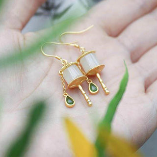 Buddha Gift 925 Sterling Silver Jade Prayer Wheel Luck Drop Earrings