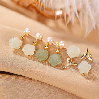 Buddha Gift 925 Sterling Silver Plated Gold Jade Rose Flower Cyan Jade Pearl Luck Earrings