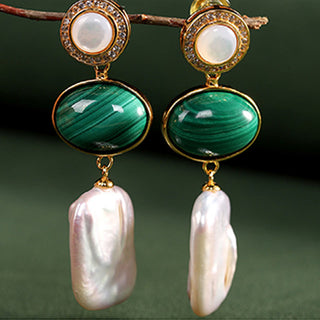 Buddha Gift 925 Sterling Silver Natural Baroque Pearl Malachite Healing Wisdom Drop Earrings