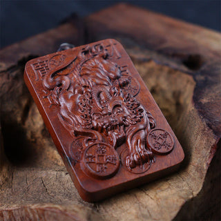 Buddha Gift Natural Lightning Struck Jujube Wood PiXiu Copper Coin Good Fortune Necklace Pendant