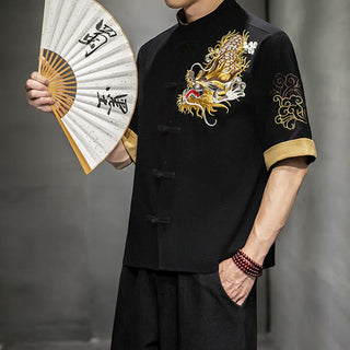 Buddha Gift Frog-Button Chinese Dragon Auspicious Cloud Embroidery Half Sleeve Shirt Cotton Linen Men Clothing