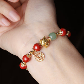 Buddha Gift Year of the Dragon Natural Cinnabar Fu Character Charm Blessing Bracelet