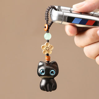 Buddha Gift Mini Small Leaf Red Sandalwood Ebony Wood Lucky Cat Lovely Kitty Peace Key Chain Phone Hanging Decoration