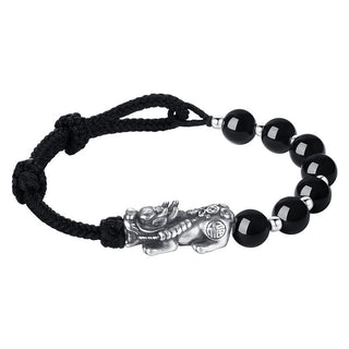 Buddha Gift 999 Sterling Silver FengShui PiXiu Natural Black Obsidian 925 Sterling Silver Bead Strength Bracelet