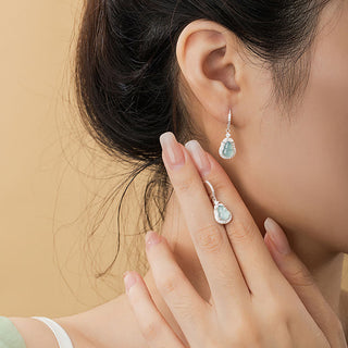 Buddha Gift 925 Sterling Silver Green Jade Gourd Abundance Drop Earrings