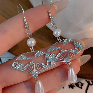 Buddha Gift Copper Fan Auspicious Clouds Pearl Healing Drop Earrings