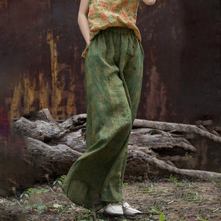 Buddha Gift Green Yellow Ramie Linen Flexible Waistband Wide Leg Pants With Pockets