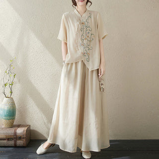 Buddha Gift 2Pcs Flower Embroidery Short Sleeve Tee T-shirt Wide Leg Pants Set