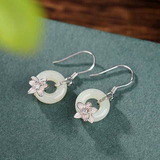 Buddha Gift 925 Sterling Silver Hetian Jade Peace Buckle Orchid Prosperity Earrings
