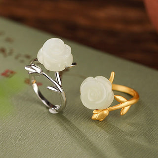 Buddha Gift 925 Sterling Silver Plated Gold Rose Flower Hetian White Jade Happiness Ring