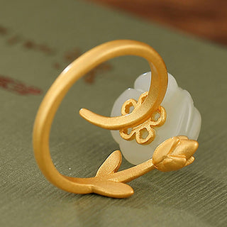 Buddha Gift 925 Sterling Silver Plated Gold Rose Flower Hetian White Jade Happiness Ring