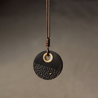 Buddha Gift Handcrafted Round Ebony Wood Copper Peace Necklace Pendant