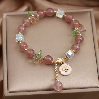 Buddha Gift Strawberry Quartz Lucky Four Leaf Clover Healing Charm Bracelet