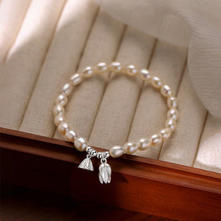 Buddha Gift 999 Sterling Silver Lotus Flower Pod Natural Pearl Healing Bracelet
