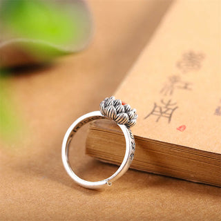 Buddha Gift925 Sterling Silver Lotus Red Agate Confidence Blessing Ring