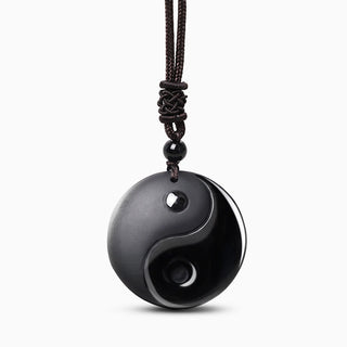 Buddha Gift Black Obsidian Taoism Five Sacred Mountains Nine-Character Mantra Carved Purification Yin Yang Necklace Pendant