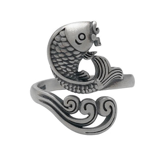 Buddha Gift 925 Sterling Silver Koi Fish Water Ripple Luck Wealth Ring
