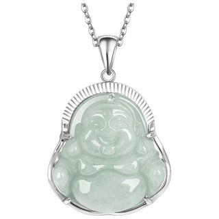 Buddha Gift 925 Sterling Silver Laughing Buddha Jade Luck Calm Necklace Chain Pendant