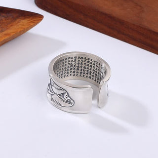 Buddha Gift 999 Sterling Silver Lotus Flower Heart Sutra Protection Ring