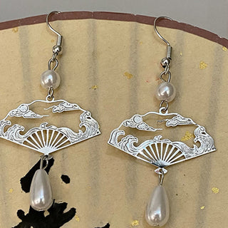 Buddha Gift Copper Fan Auspicious Clouds Pearl Healing Drop Earrings