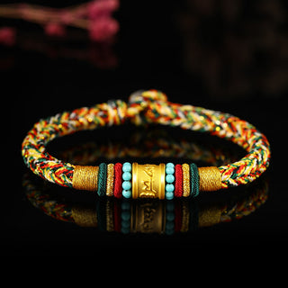 Buddha Gift Tibet 999 Gold Om Mani Padme Hum Handmade Eight Thread Peace Knot Luck Bracelet
