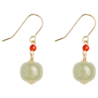 Buddha Gift 925 Sterling Silver 14K Gold Plated Hetian Jade Red Agate Luck Drop Dangle Earrings