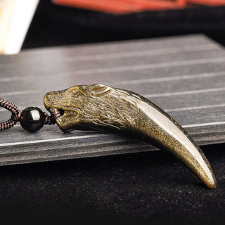 Buddha Gift Natural Black Obsidian Ice Obsidian Rainbow Obsidian Wolf Tooth Pattern Strength Necklace Pendant