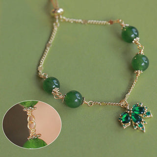 Buddha Gift 14k Gold Plated Green Chalcedony Maple Leaf Courage Strength Bracelet