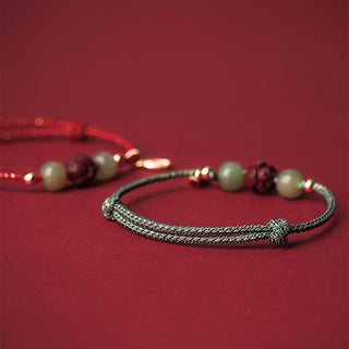 Buddha Gift 14K Gold Plated Hetian Jade Cinnabar Lotus Luck Handcrafted Rope Bracelet