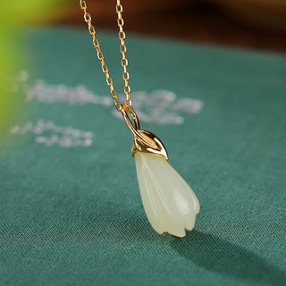 Buddha Gift 925 Sterling Silver Plated Gold Natural Hetian Jade Magnolia Flower Abundance Necklace Pendant
