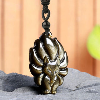 Buddha Gift Natural Fluorite Gold Sheen Obsidian Fox Pendant Protection Necklace