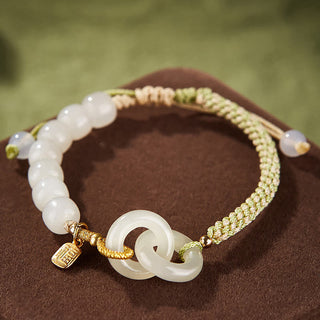 Buddha Gift Natural Hetian Jade Bead Double Peace Buckle Fu Character Abundance Braided Bracelet