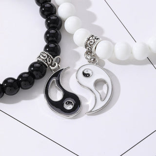 Buddha Gift 2Pcs Black Onyx White Turquoise Bead Yin Yang Protection Couple Bracelet