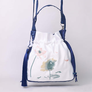 Buddha Gift Embroidered Lotus Koi Fish Crane Camellia Cotton Linen Tote Crossbody Bag Shoulder Bag Handbag