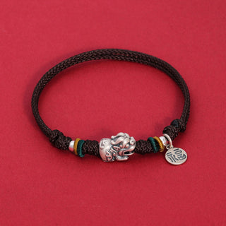 Buddha Gift 925 Sterling Silver PiXiu Fu Character Wealth Luck Handmade Braided Bracelet