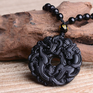 Buddha Gift Natural Black Obsidian Peace Buckle Pixiu Purification Necklace Pendant
