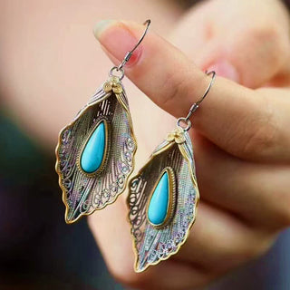 Buddha Gift 925 Sterling Silver Turquoise Bodhi Leaf Pattern Protection Drop Dangle Earrings