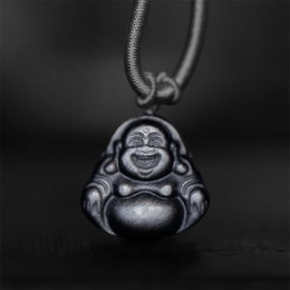Buddha Gift Natural Silver Sheen Obsidian Laughing Buddha Protection Necklace Pendant