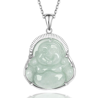 Buddha Gift 925 Sterling Silver Laughing Buddha Jade Luck Calm Necklace Chain Pendant