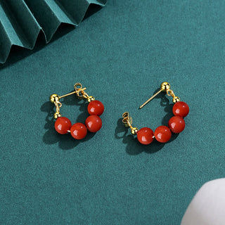 Buddha Gift 925 Sterling Silver Hetian Jade Red Agate Beaded Abundance Earrings