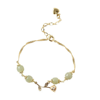 Buddha Gift 14K Gold Plated Hetian Jade Golden Rose Flower Luck Chain Bracelet
