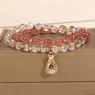 Buddha Gift Strawberry Quartz White Crystal Money Bag Charm Positive Bracelet